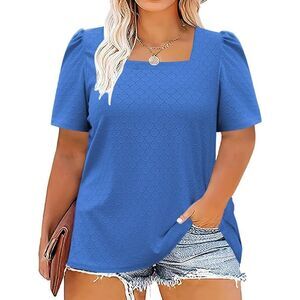 Plus-Size-Tops Summer Puff Short Sleeve Square Neck Tees, XXL, 2B-1013T003 132
